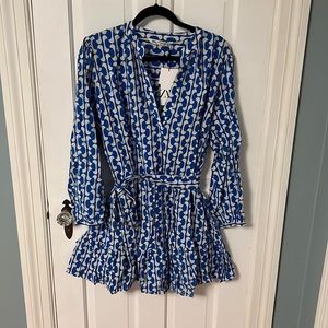Zara Blue & White Patterned Long - Sleeved, Flutter Skirt Mini Dress